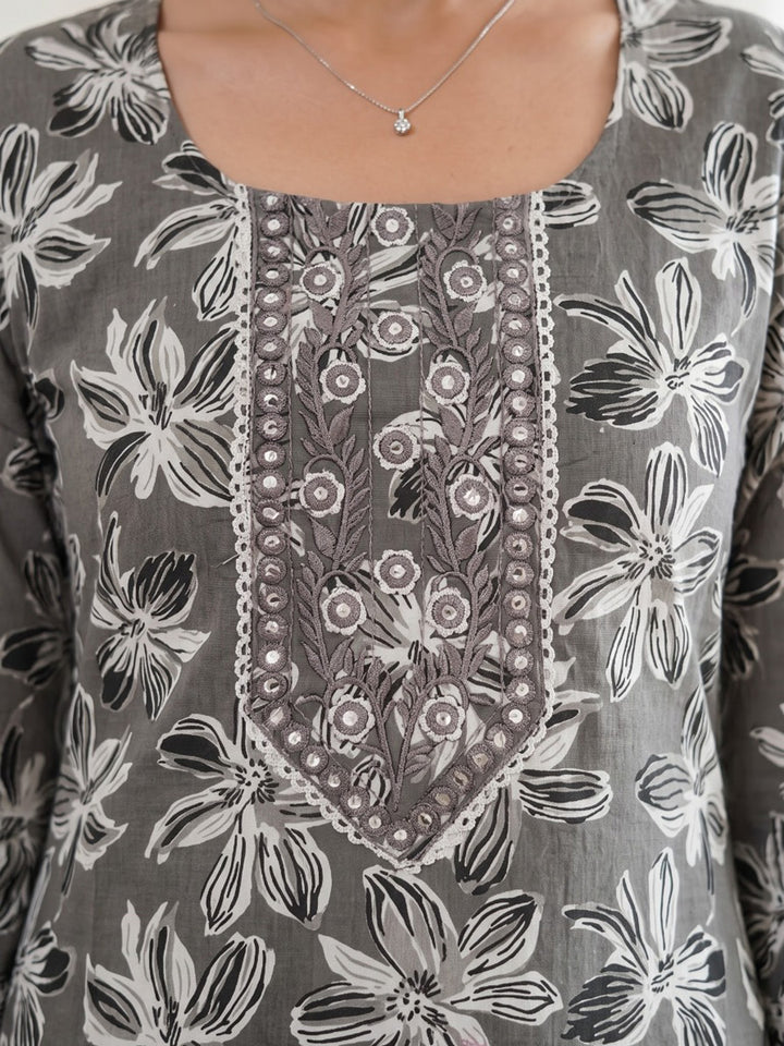 Grey Printed Cotton Blend Kurta With Pant &amp; Dupatta