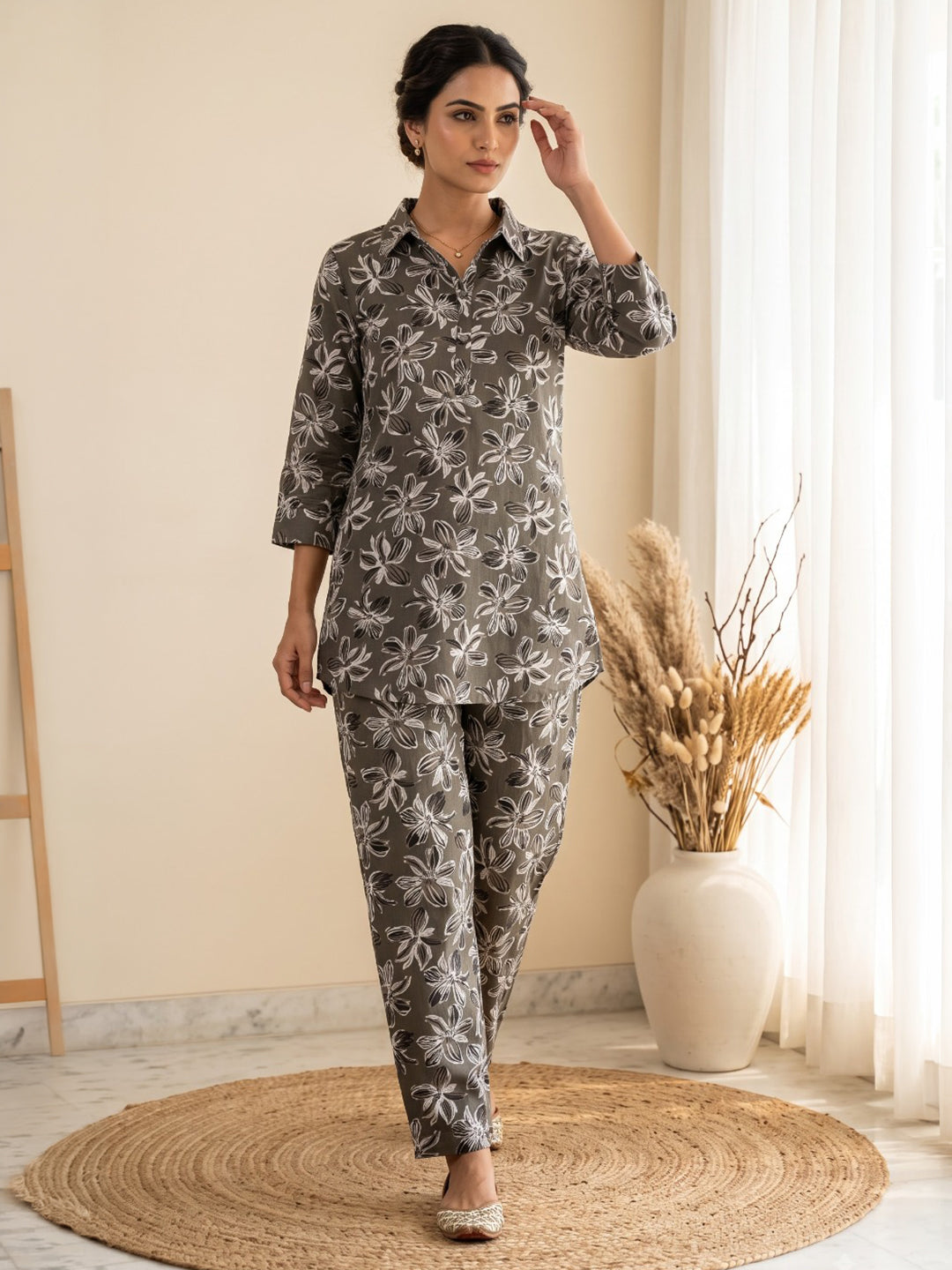 Brown Embroidered Cotton Blend Kurta Set