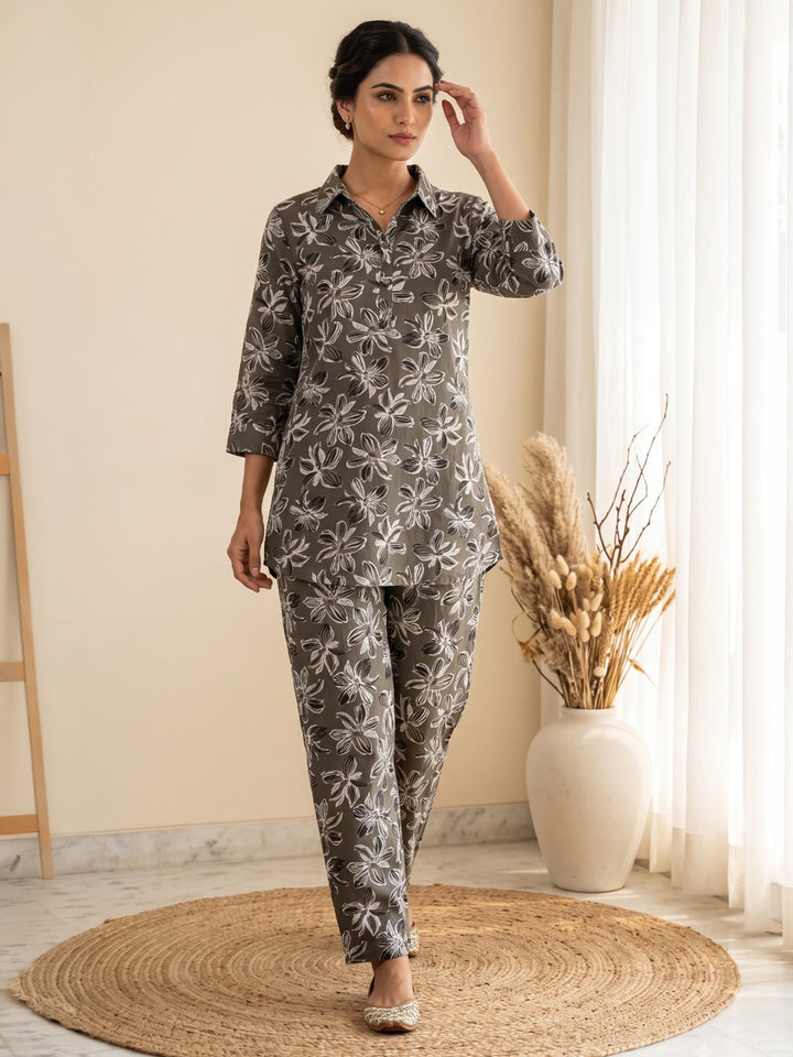 Brown Embroidered Cotton Blend Kurta Set