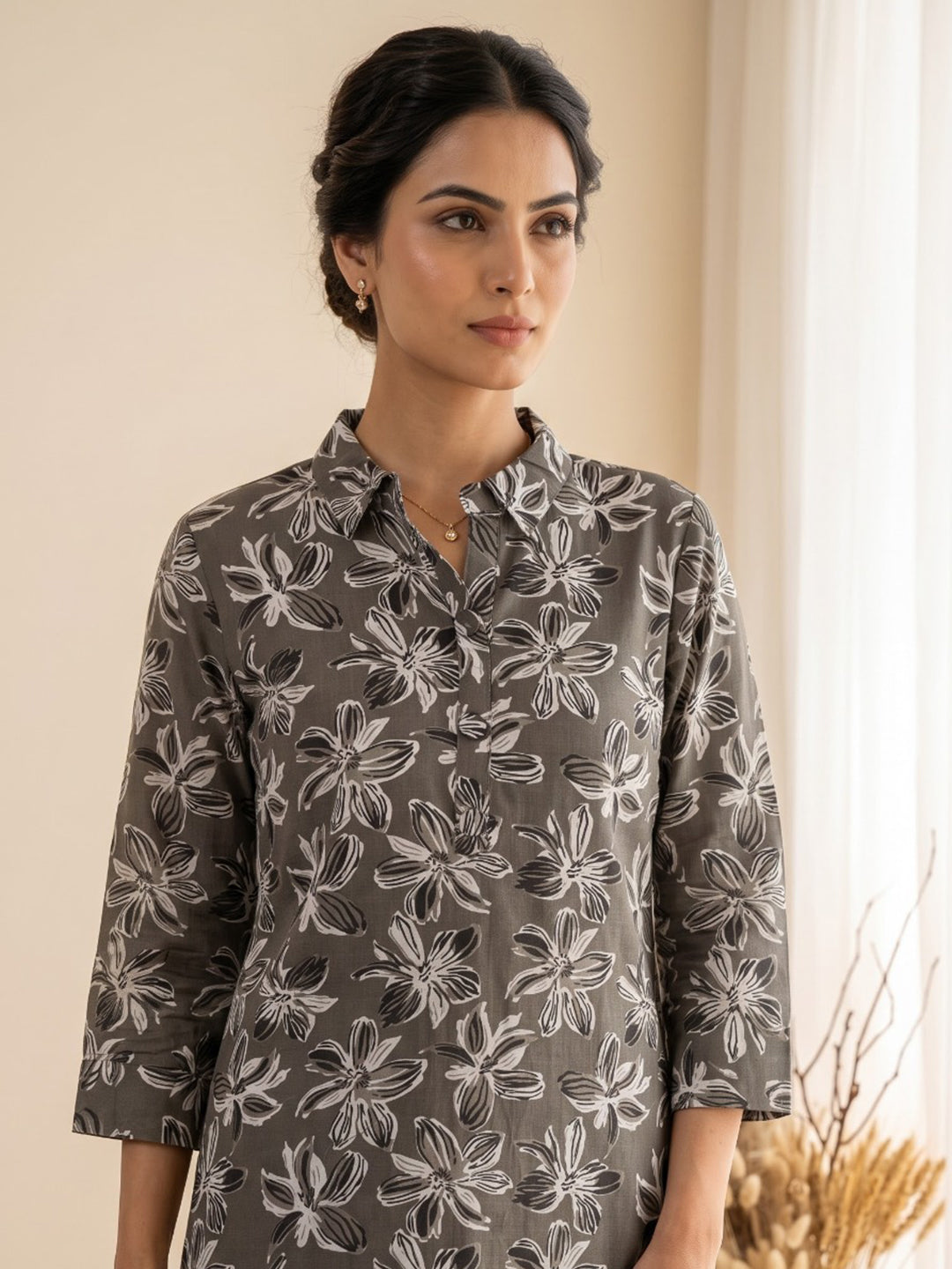 Brown Embroidered Cotton Blend Kurta Set