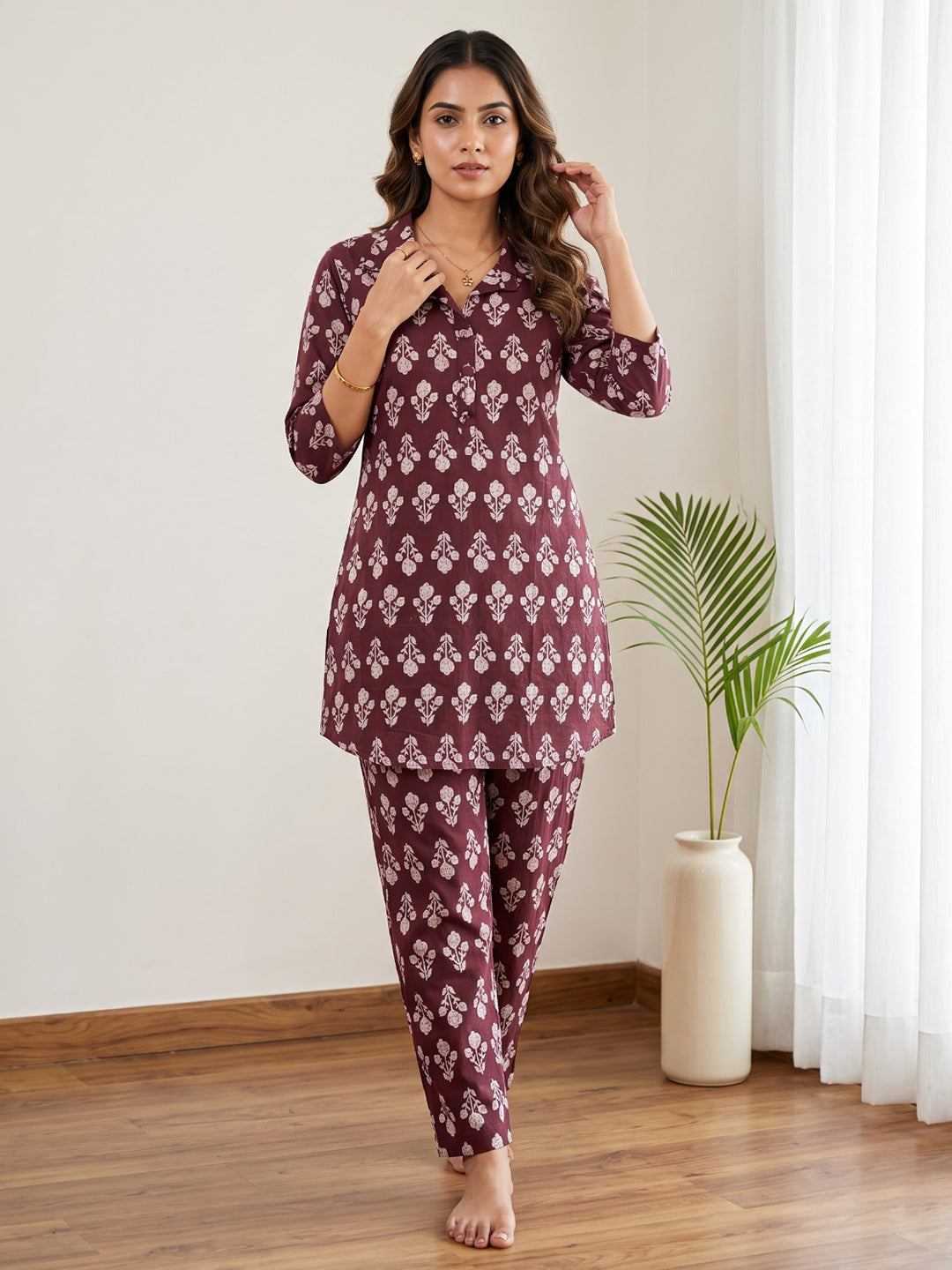Maroon Embroidered Cotton Blend Kurta Set