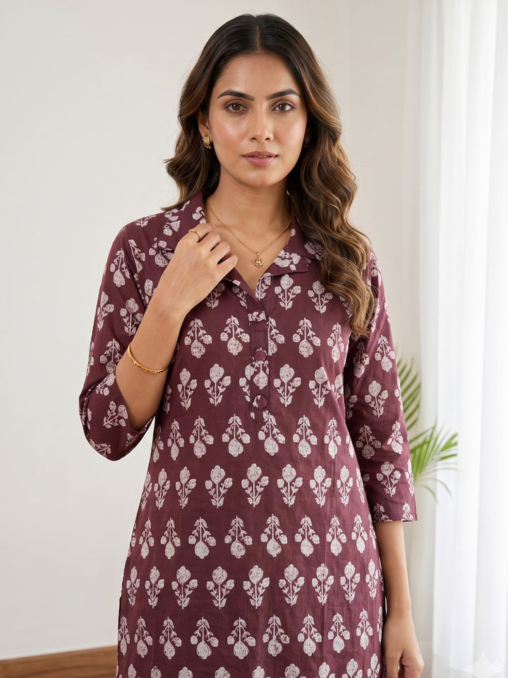 Maroon Embroidered Cotton Blend Kurta Set