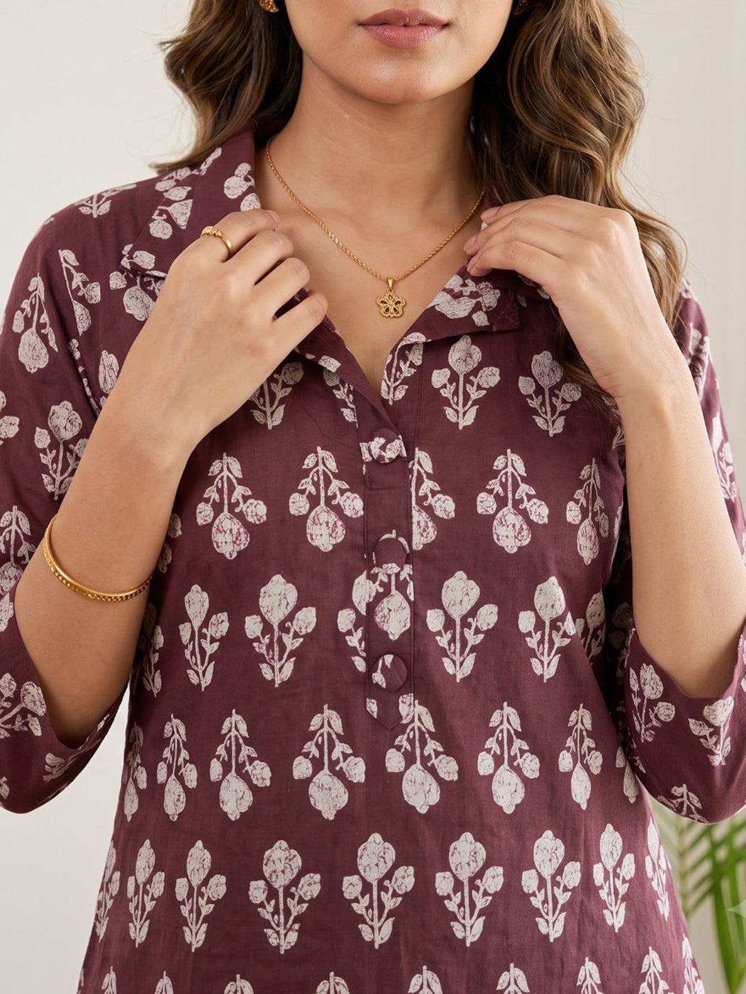 Maroon Embroidered Cotton Blend Kurta Set