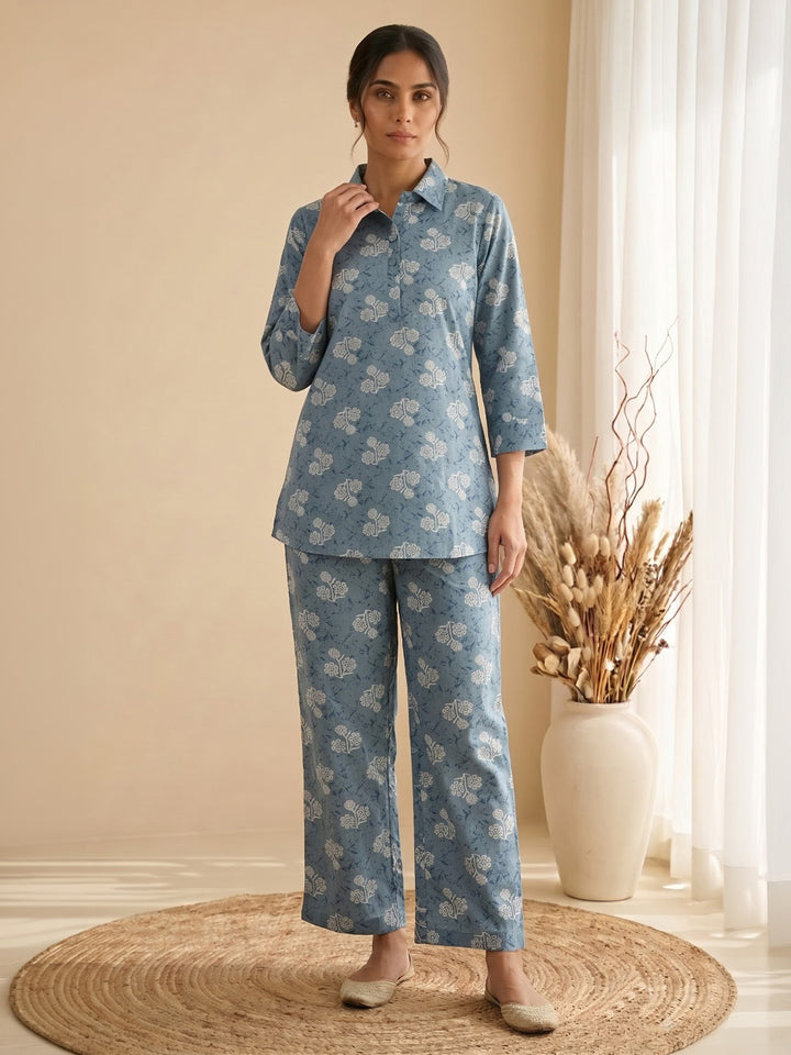Blue Embroidered Cotton Blend Kurta Set