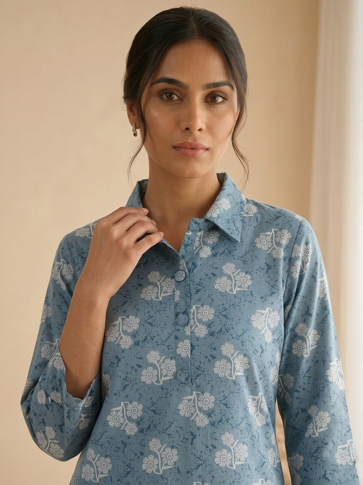 Blue Embroidered Cotton Blend Kurta Set