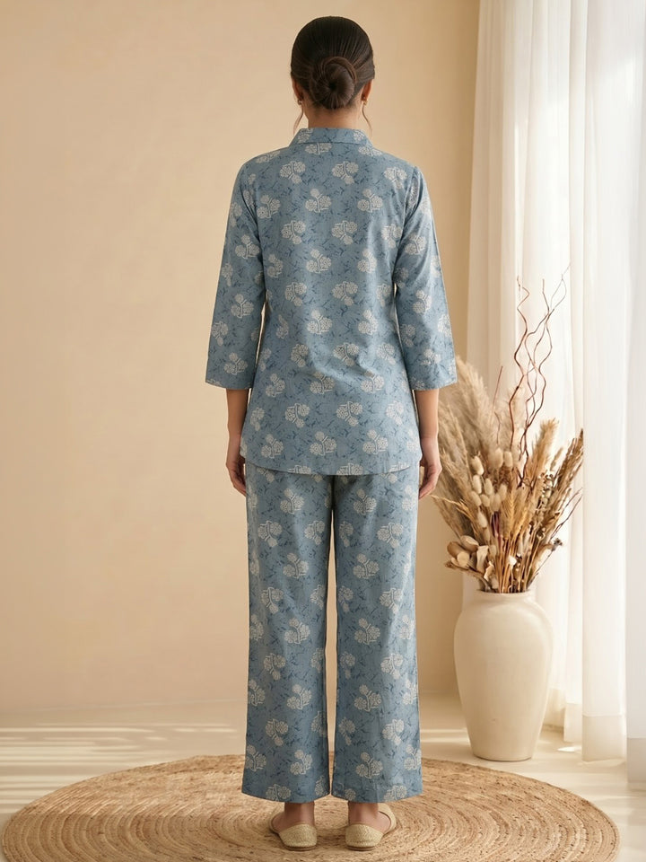Blue Embroidered Cotton Blend Kurta Set