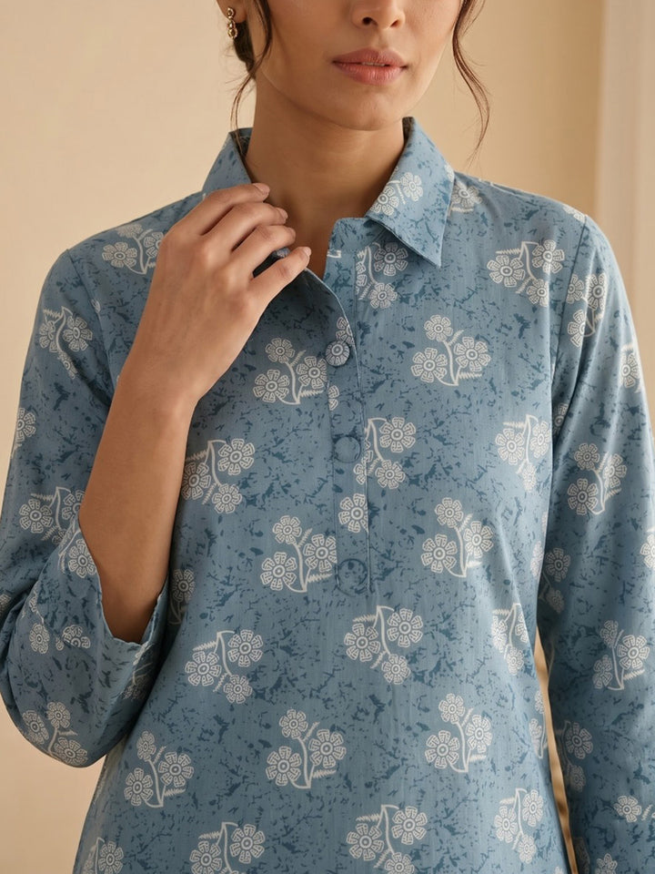 Blue Embroidered Cotton Blend Kurta Set