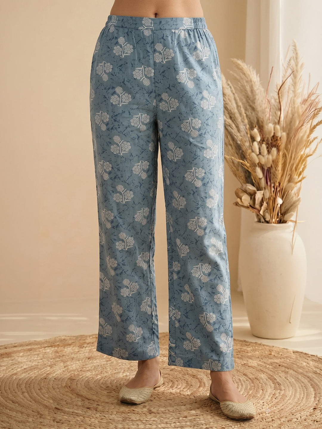 Blue Embroidered Cotton Blend Kurta Set