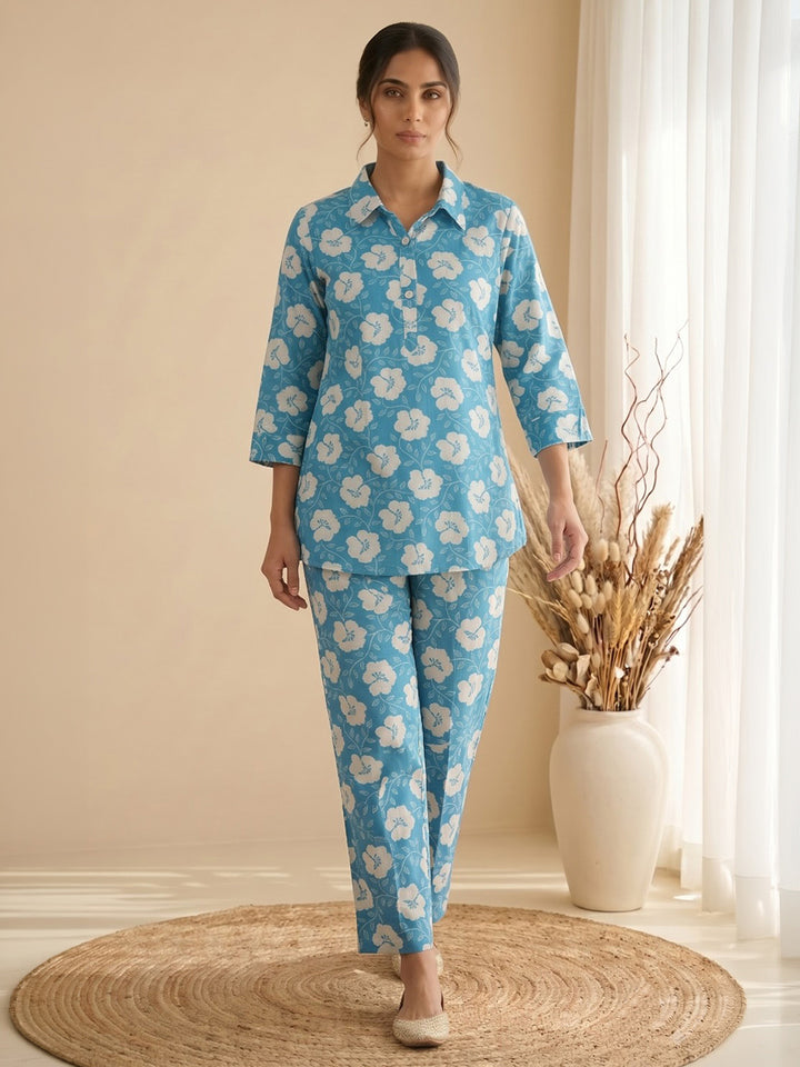 Sky Blue Embroidered Cotton Blend Kurta Set