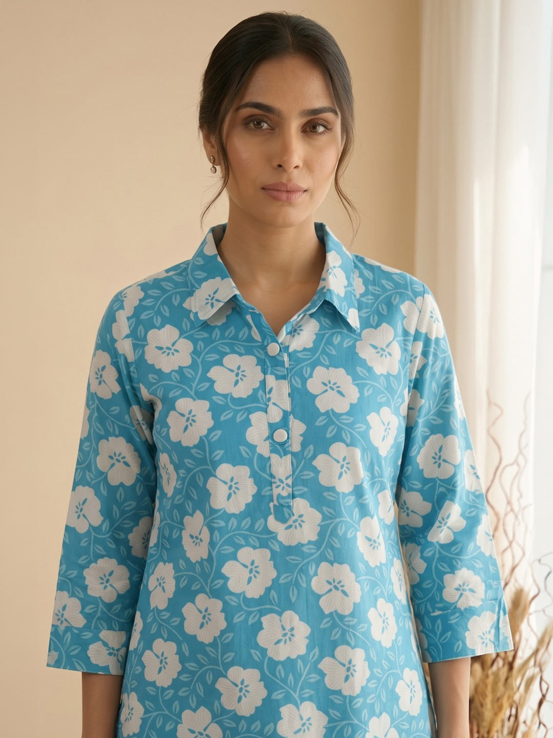 Sky Blue Embroidered Cotton Blend Kurta Set