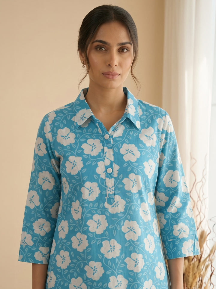 Sky Blue Embroidered Cotton Blend Kurta Set