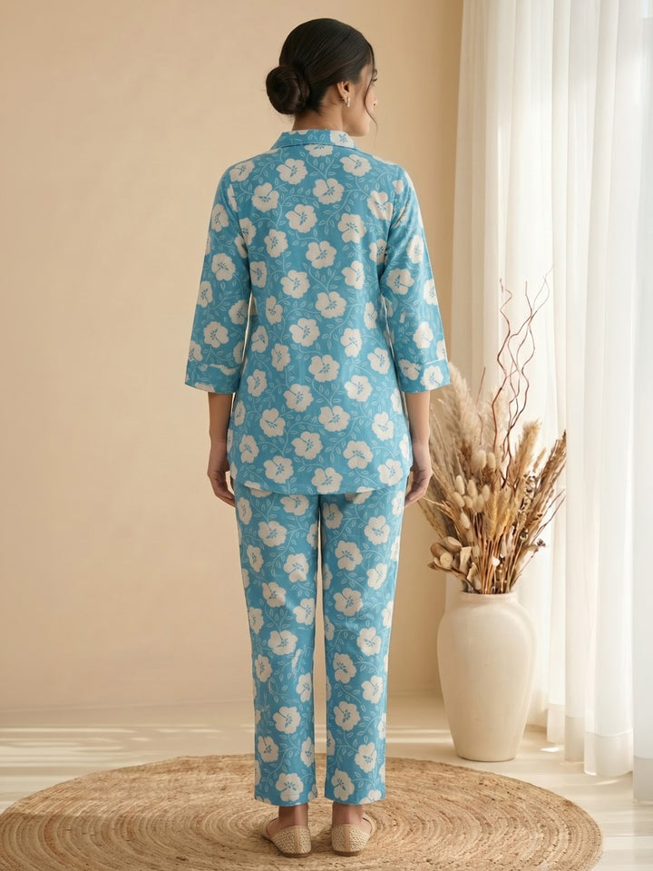 Sky Blue Embroidered Cotton Blend Kurta Set