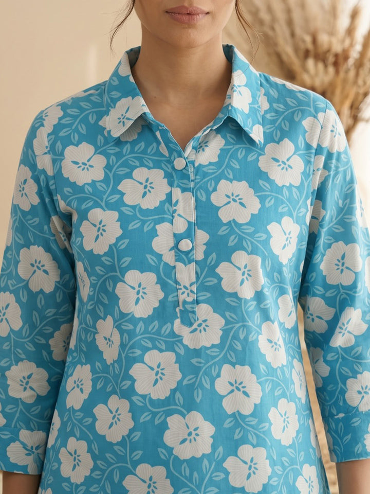 Sky Blue Embroidered Cotton Blend Kurta Set