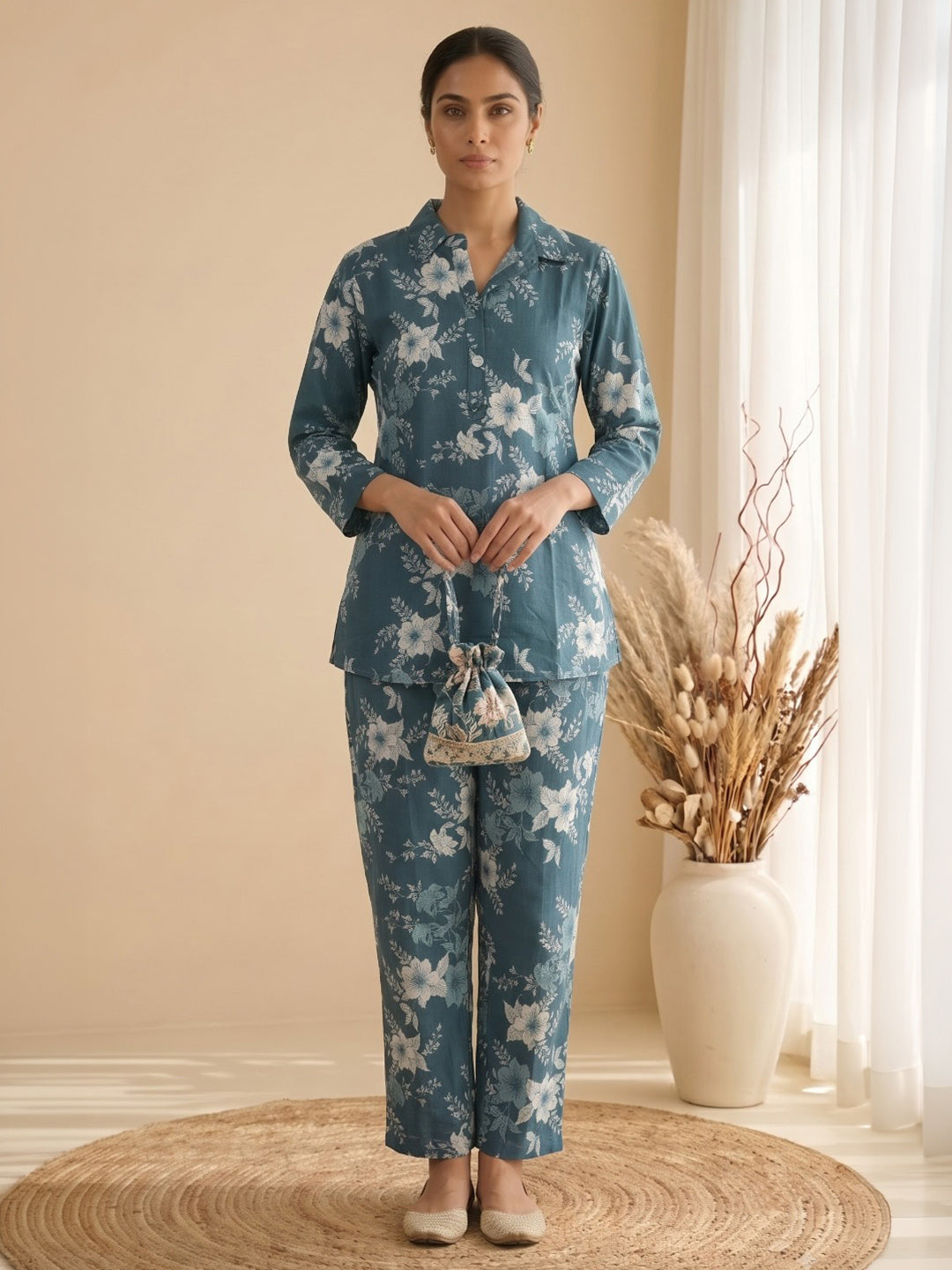 Teal Green Embroidered Cotton Blend Kurta Set