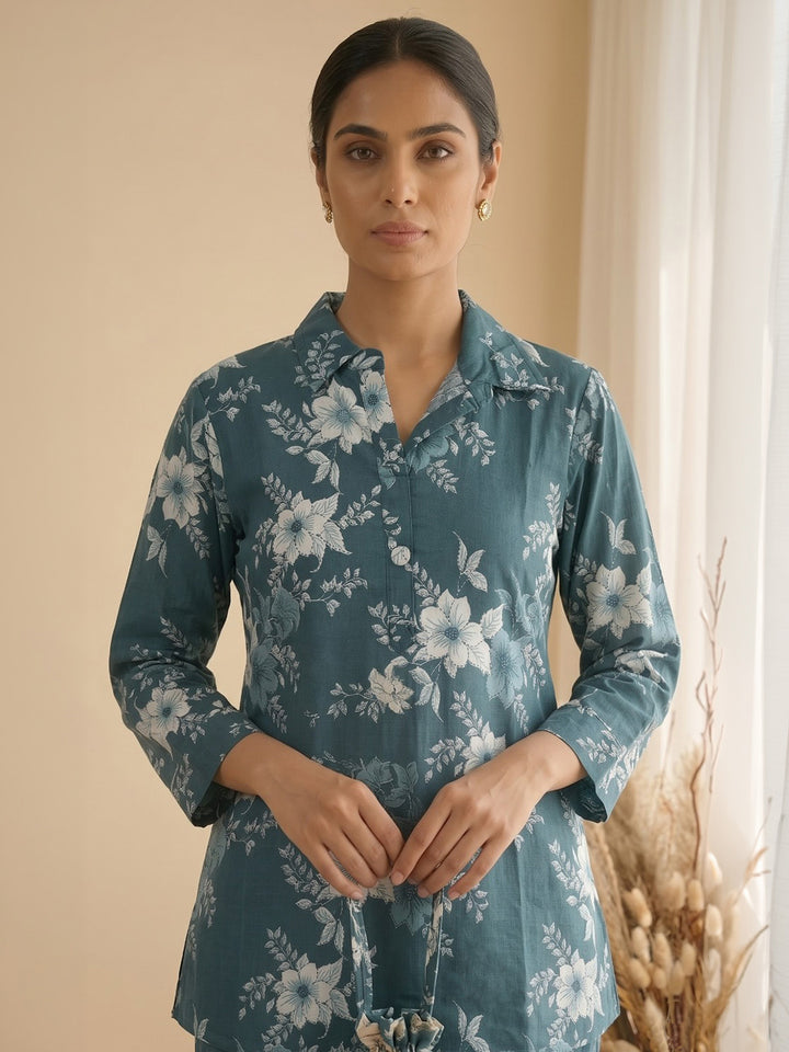 Teal Green Embroidered Cotton Blend Kurta Set