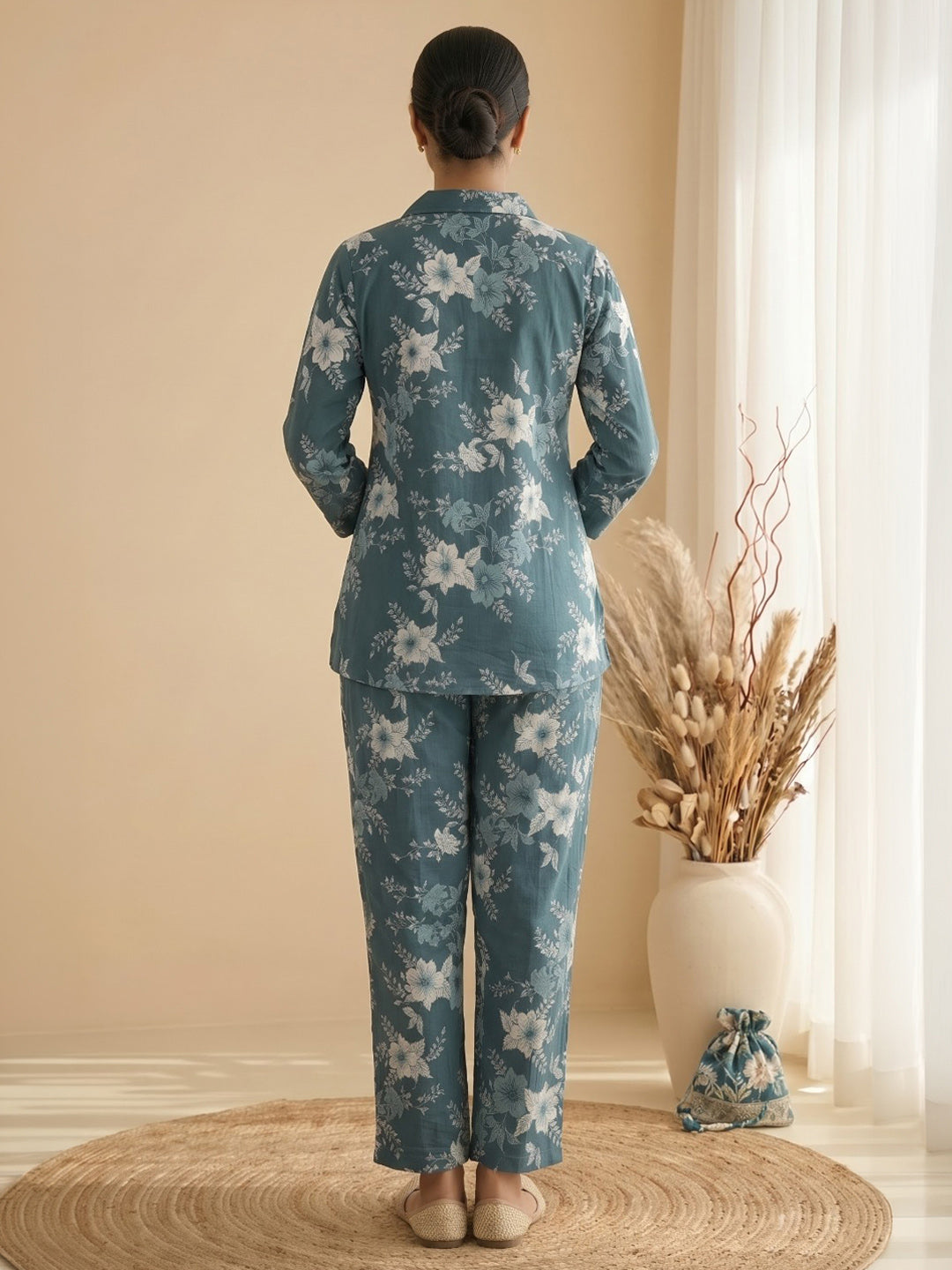 Teal Green Embroidered Cotton Blend Kurta Set