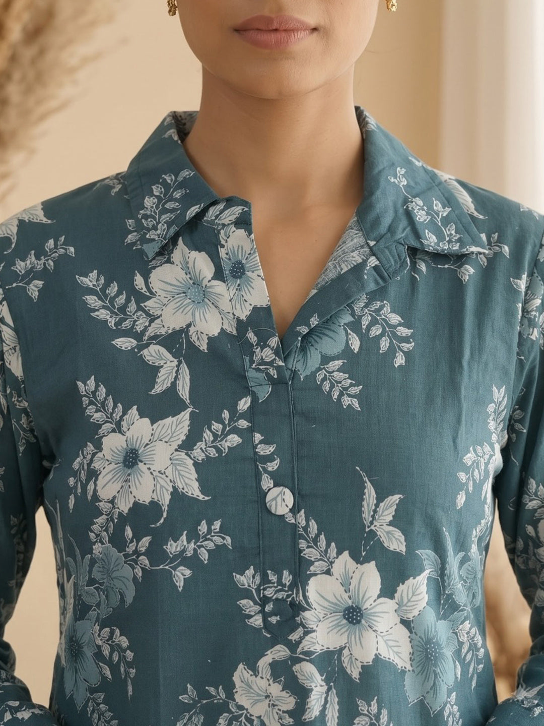 Teal Green Embroidered Cotton Blend Kurta Set