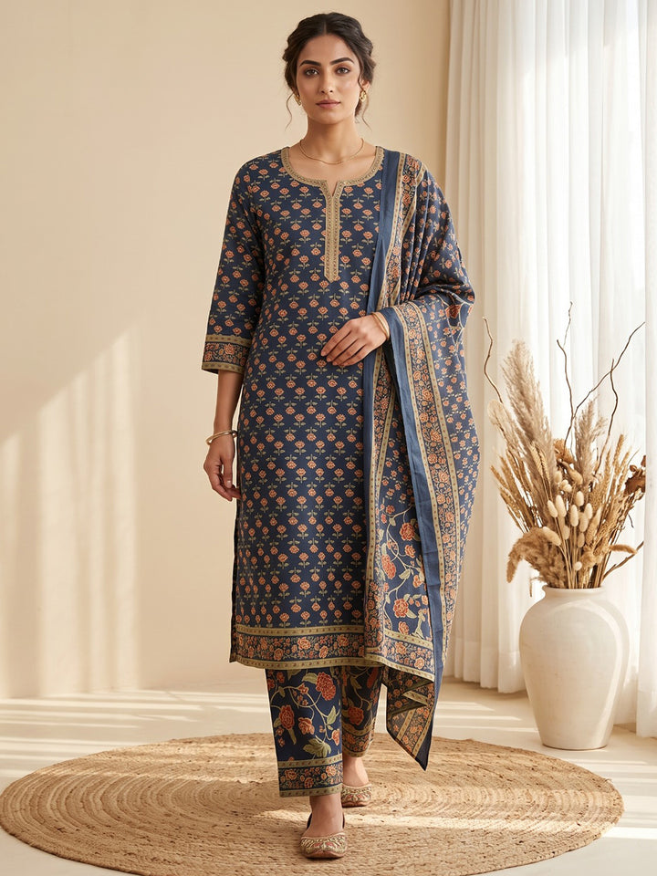 Blue Printed Cotton Blend Kurta With Pant &amp; Dupatta