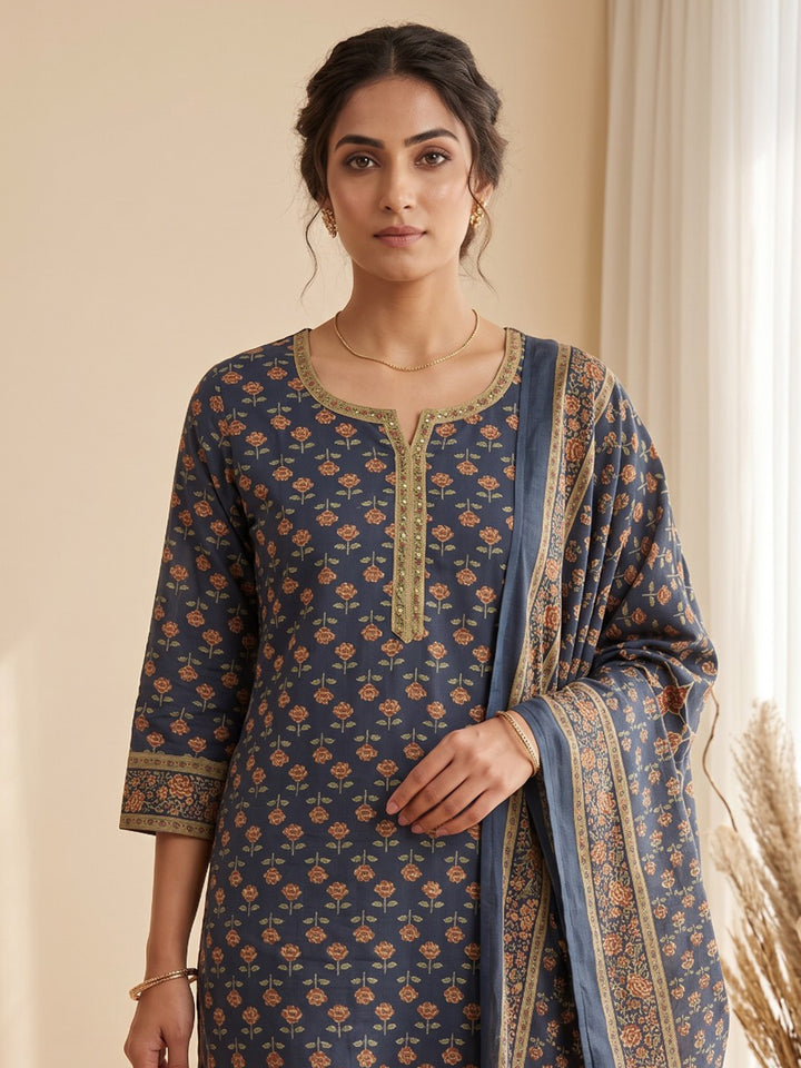 Blue Printed Cotton Blend Kurta With Pant &amp; Dupatta