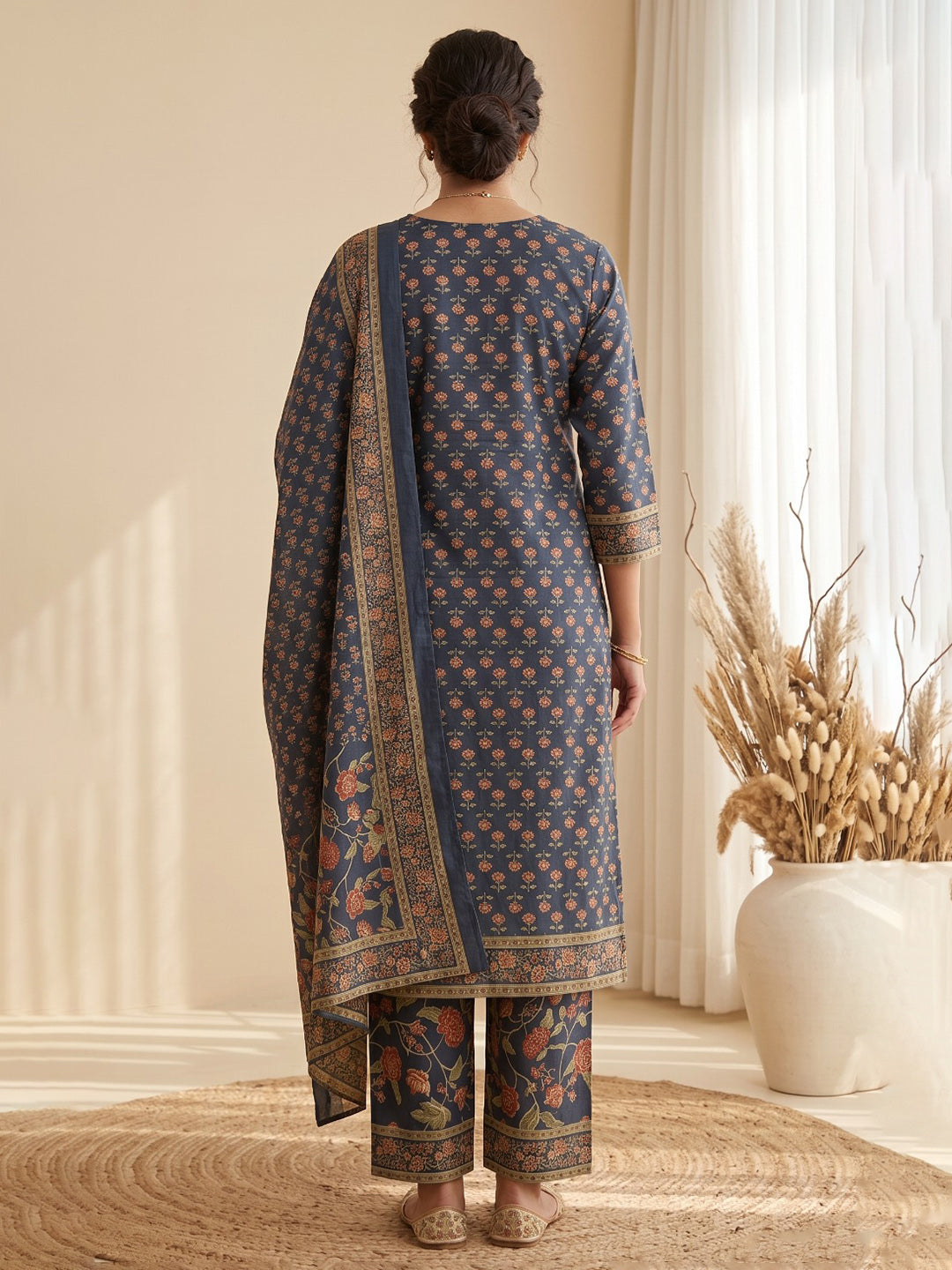 Blue Printed Cotton Blend Kurta With Pant &amp; Dupatta