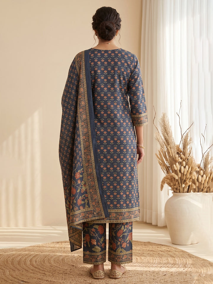 Blue Printed Cotton Blend Kurta With Pant &amp; Dupatta