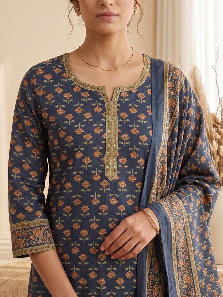 Blue Printed Cotton Blend Kurta With Pant &amp; Dupatta