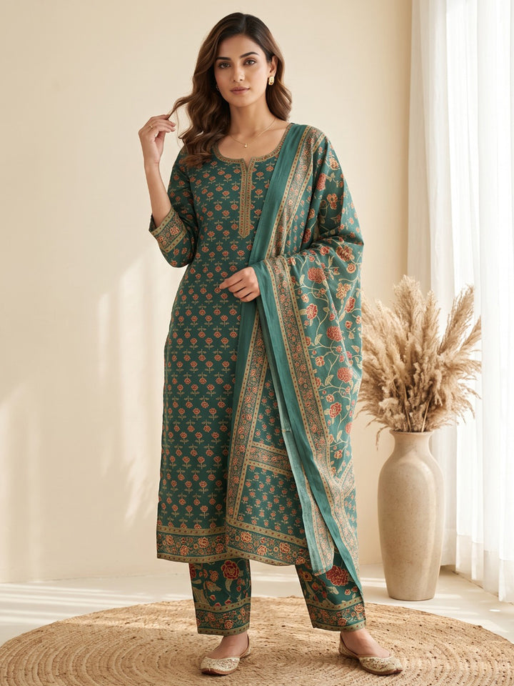 Green Printed Cotton Blend Kurta With Pant &amp; Dupatta