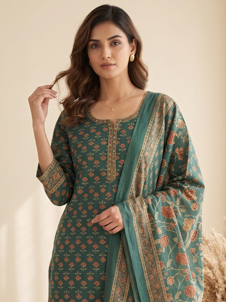 Green Printed Cotton Blend Kurta With Pant &amp; Dupatta