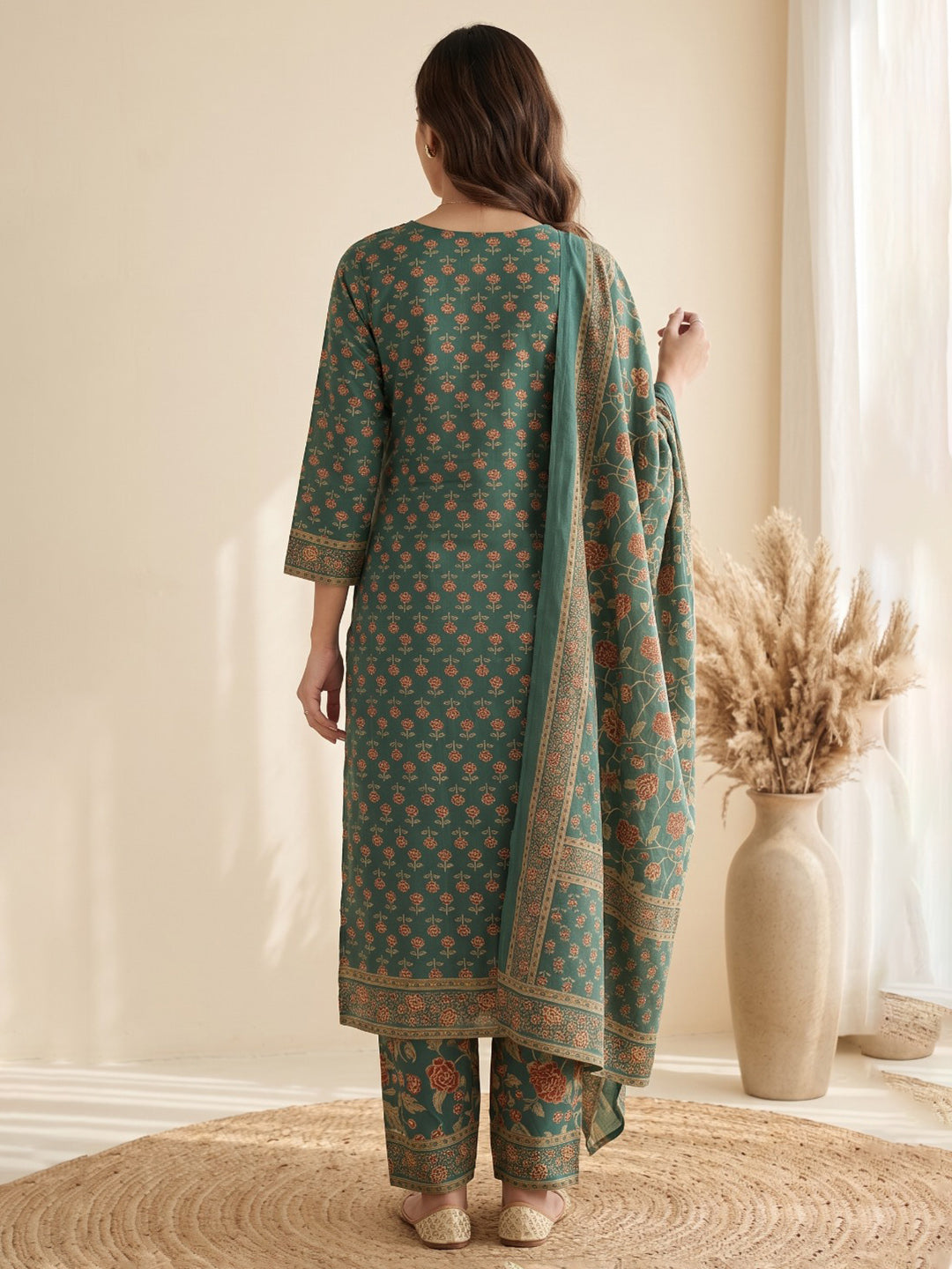 Green Printed Cotton Blend Kurta With Pant &amp; Dupatta