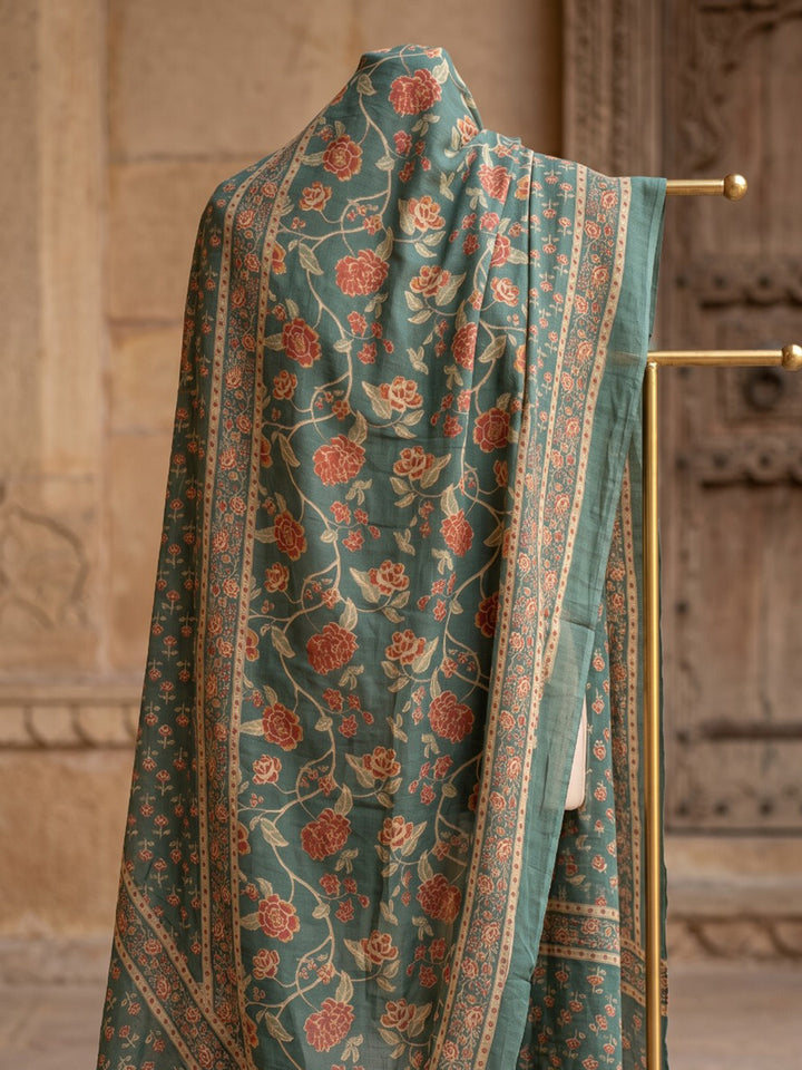 Green Printed Cotton Blend Kurta With Pant &amp; Dupatta