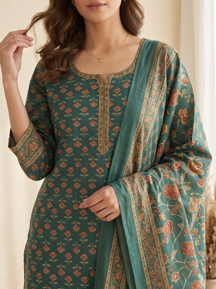 Green Printed Cotton Blend Kurta With Pant &amp; Dupatta