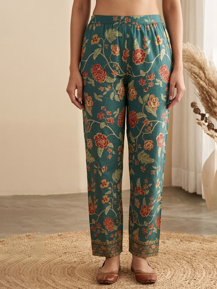 Green Printed Cotton Blend Kurta With Pant &amp; Dupatta