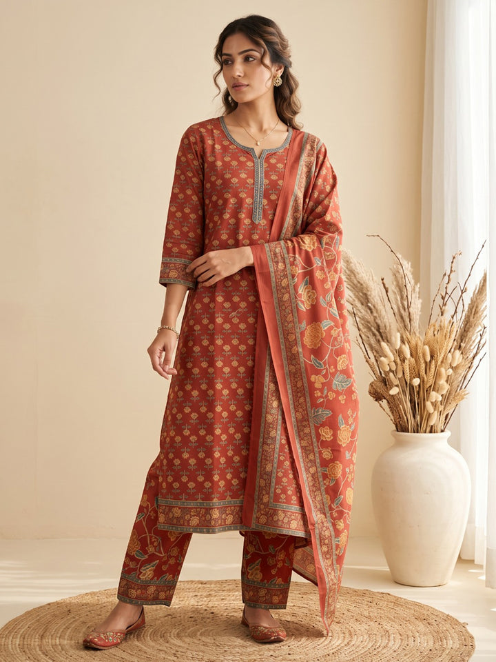 Red Printed Cotton Blend Kurta With Pant &amp; Dupatta
