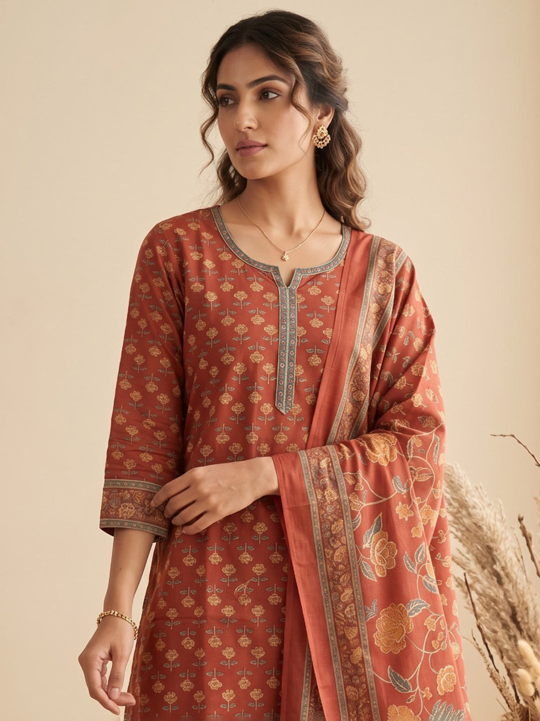 Red Printed Cotton Blend Kurta With Pant &amp; Dupatta