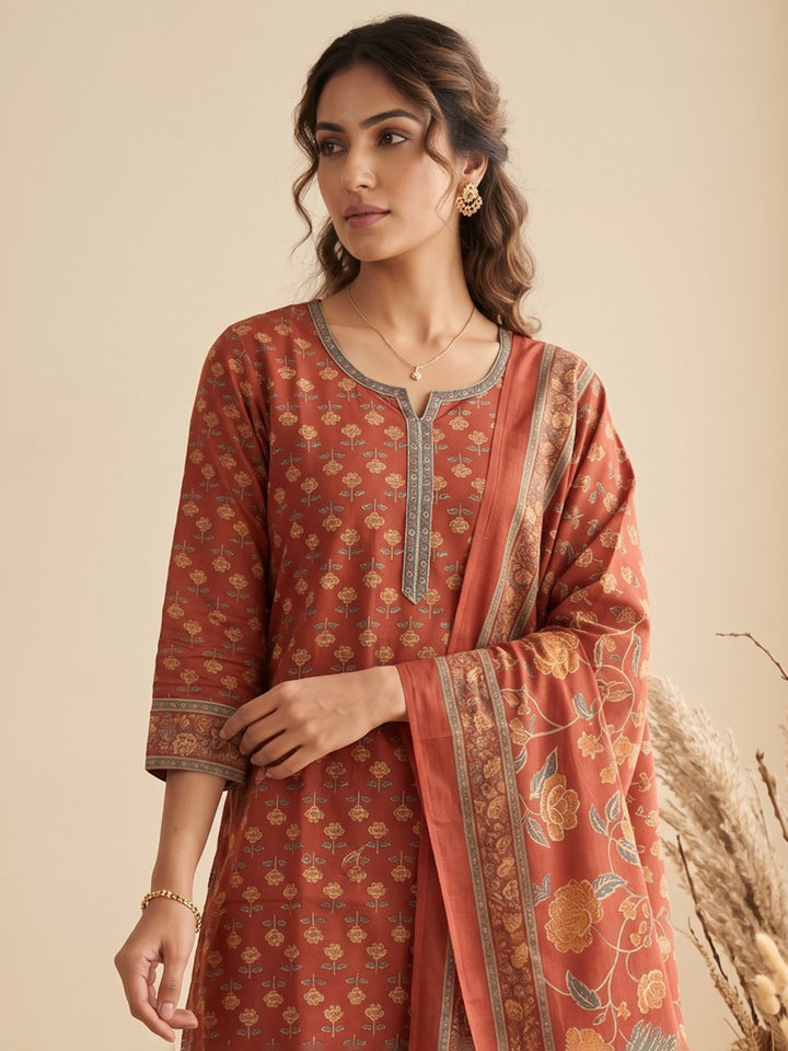 Red Printed Cotton Blend Kurta With Pant &amp; Dupatta