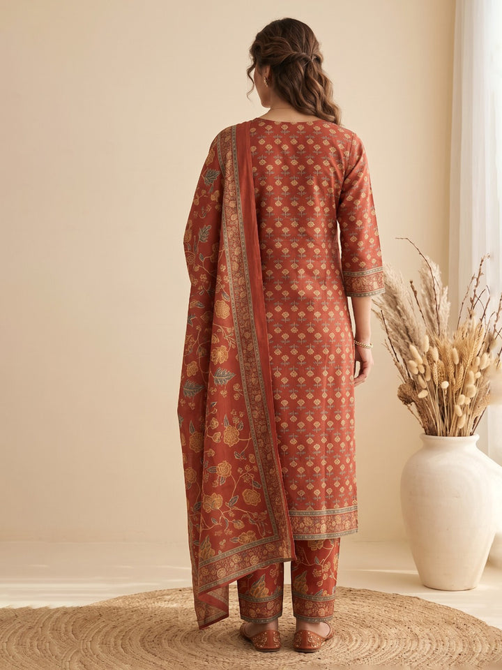 Red Printed Cotton Blend Kurta With Pant &amp; Dupatta