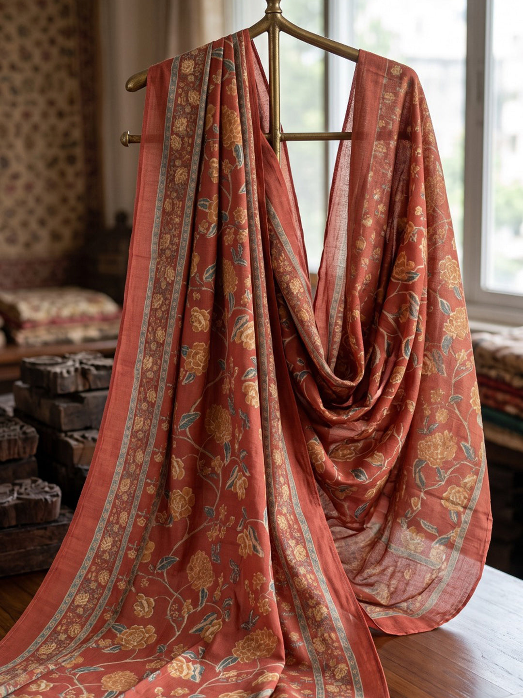 Red Printed Cotton Blend Kurta With Pant &amp; Dupatta