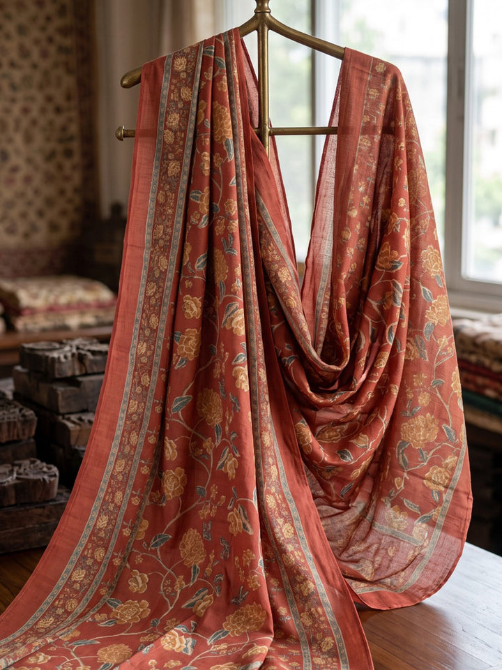 Red Printed Cotton Blend Kurta With Pant &amp; Dupatta