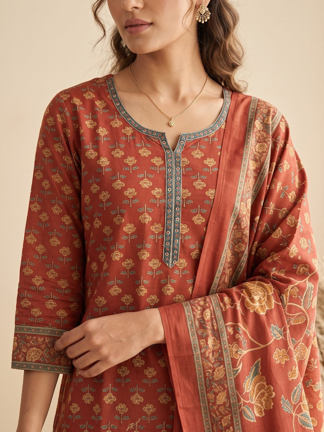 Red Printed Cotton Blend Kurta With Pant &amp; Dupatta