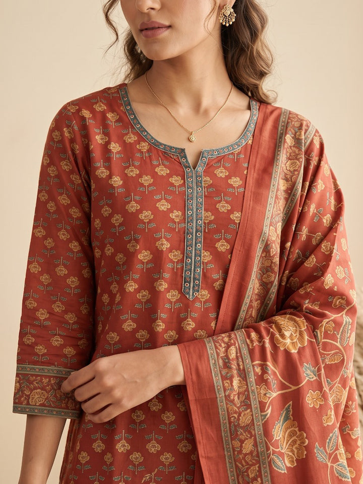 Red Printed Cotton Blend Kurta With Pant &amp; Dupatta