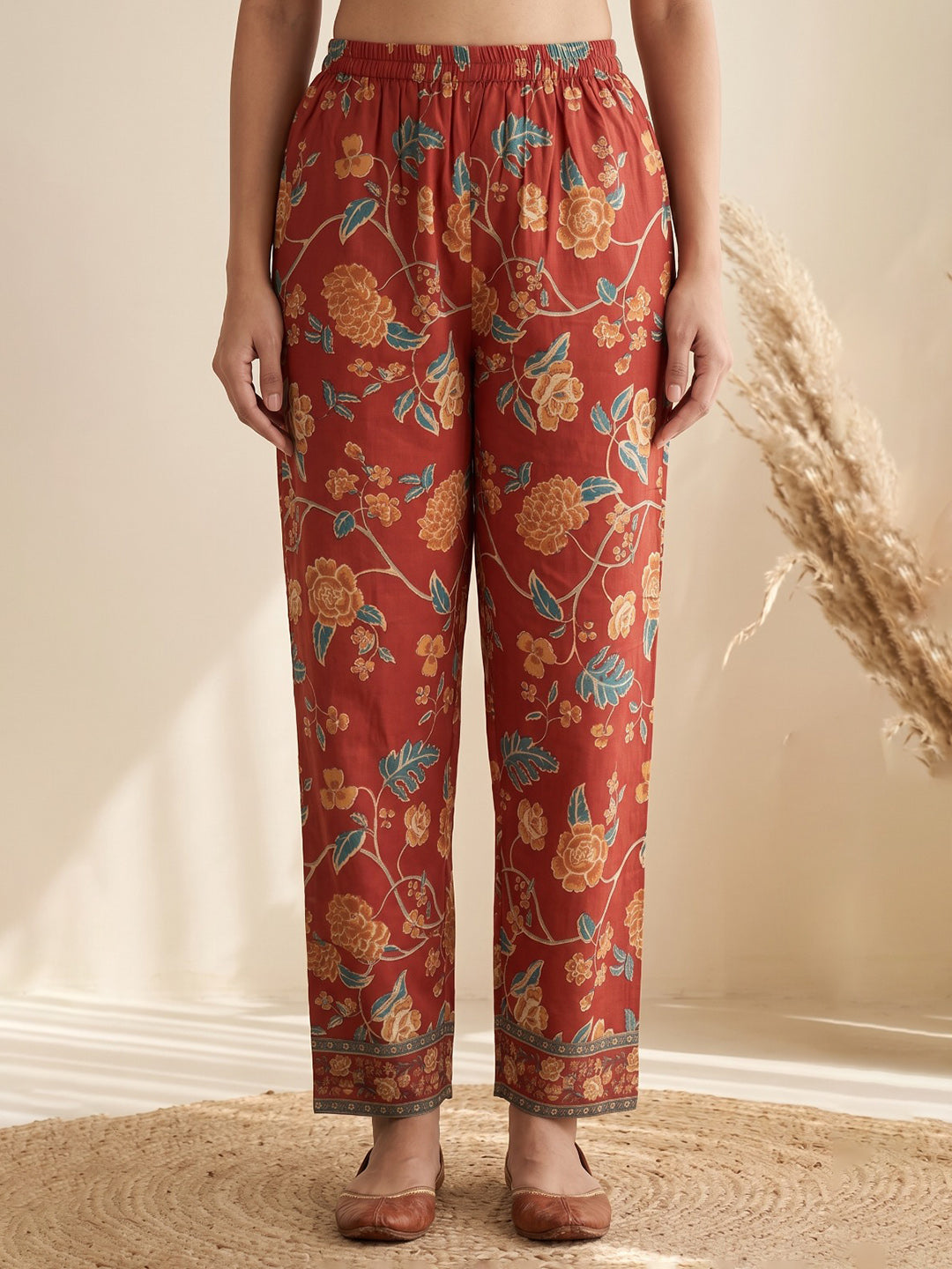 Red Printed Cotton Blend Kurta With Pant &amp; Dupatta