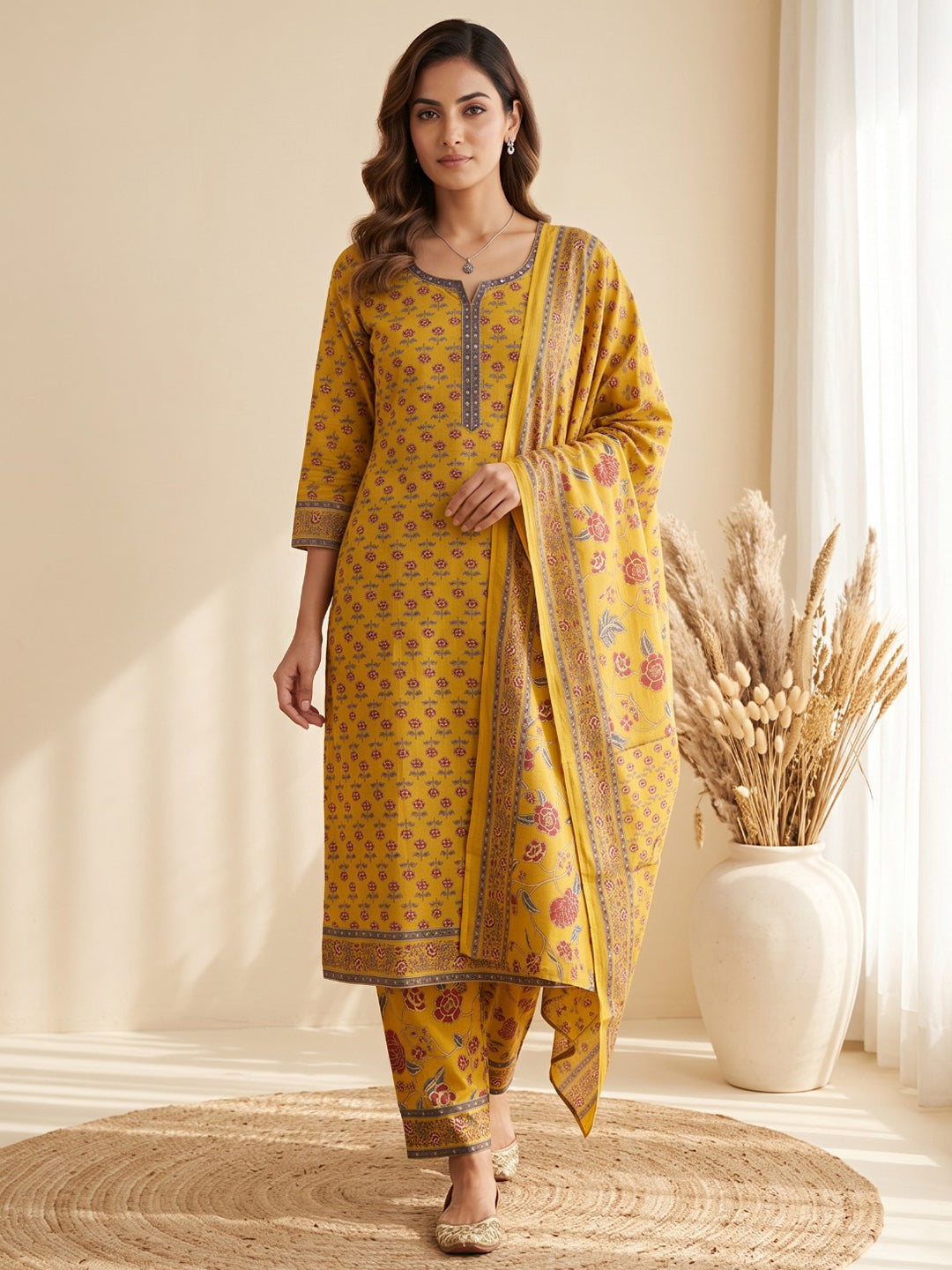 Yellow Printed Cotton Blend Kurta With Pant &amp; Dupatta