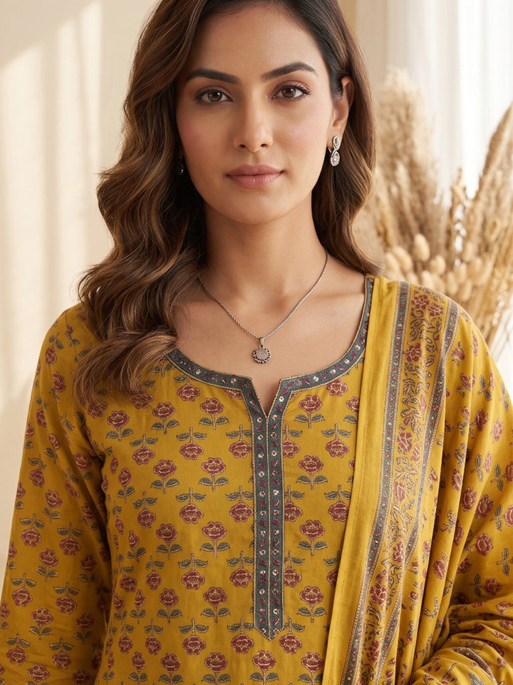 Yellow Printed Cotton Blend Kurta With Pant &amp; Dupatta