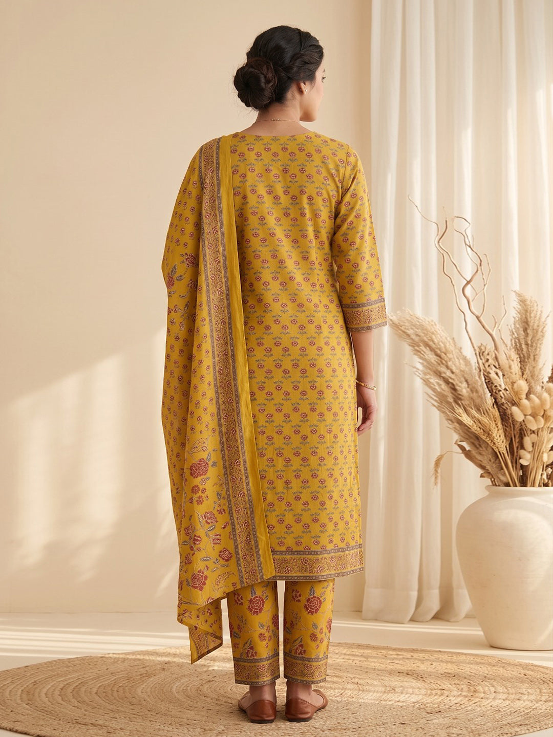 Yellow Printed Cotton Blend Kurta With Pant &amp; Dupatta
