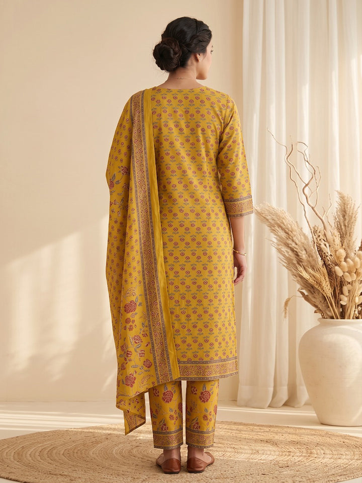 Yellow Printed Cotton Blend Kurta With Pant &amp; Dupatta