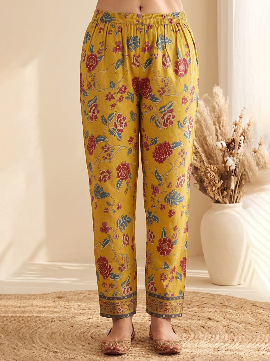 Yellow Printed Cotton Blend Kurta With Pant &amp; Dupatta