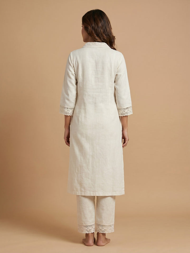 White Printed Cotton Blend Collar Neck Kurta Set