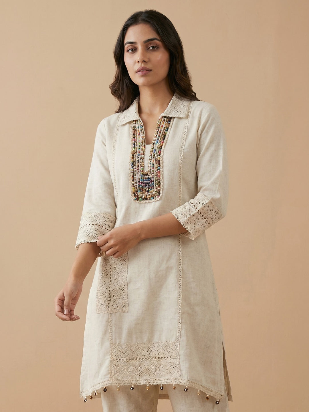 White Printed Cotton Blend Collar Neck Kurta Set