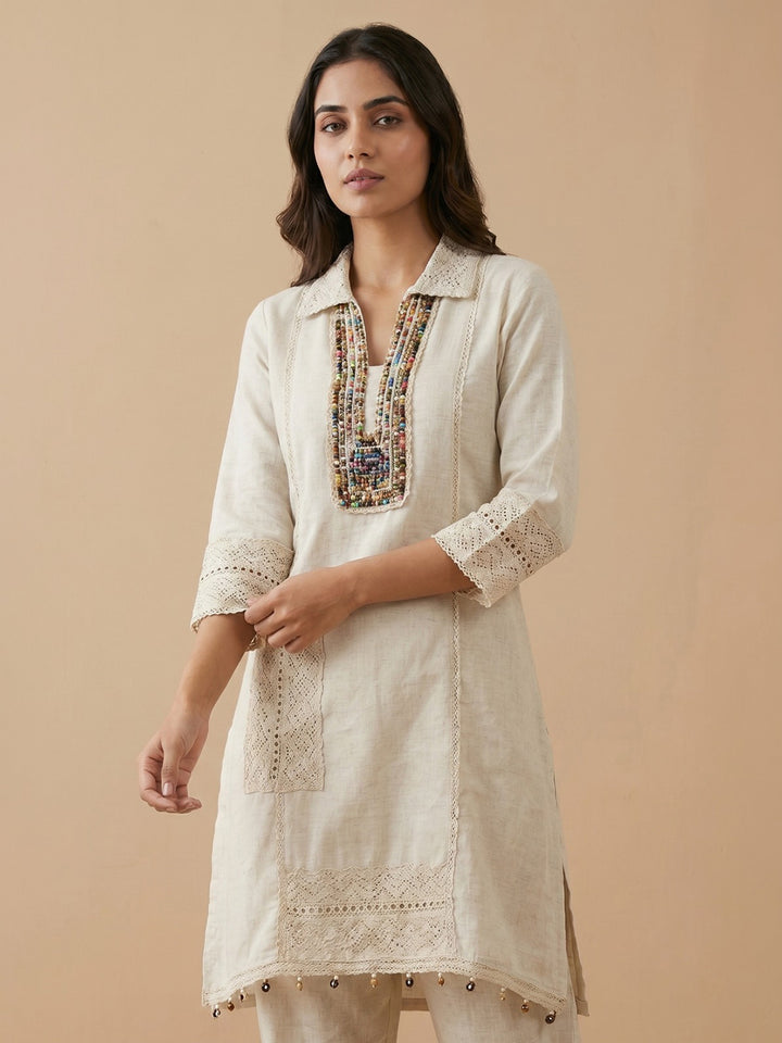 White Printed Cotton Blend Collar Neck Kurta Set