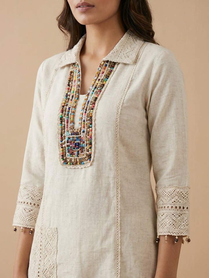 White Printed Cotton Blend Collar Neck Kurta Set